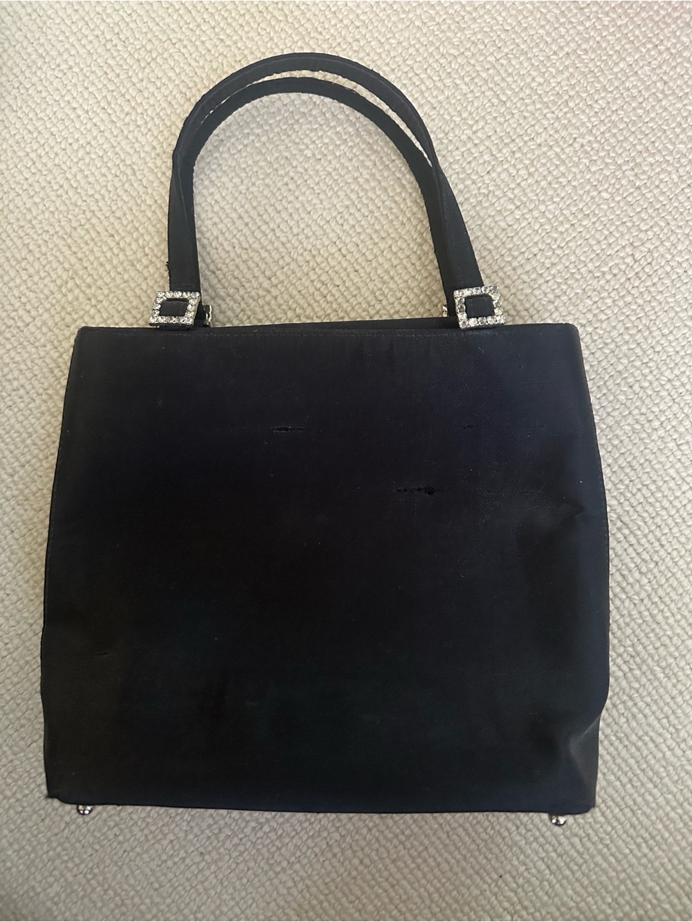 Classic Black Satin Women's Handbag with Rhinestone Accents